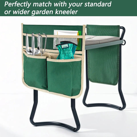 2 Pack Garden Pouches For Kneeler And Outdoor Tool Storage Bags With Multiple Pockets Lightweight 600D Oxford Cloth Portable Organizer For Gardening Kneeling Stool Grab And Go Seat Storage showing attached to a kneeler with visible tools and gloves