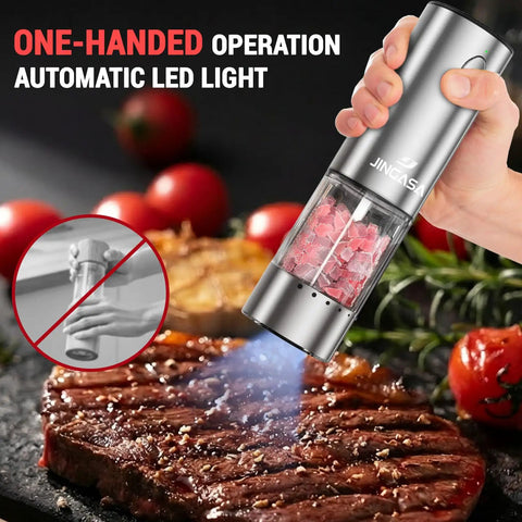 Salt And Pepper Grinder Set With External Coarseness Adjustment, 95ml Large Capacity Auto Pepper Mill In Use With Led Light