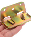 Premium Iron U Shaped Bed Rail Fasteners Six Piece Heavy Duty Frame Connectors sitting in hand, showcasing durable metal design.