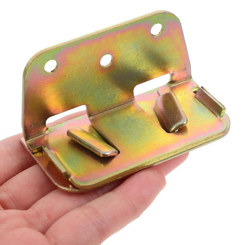 Premium Iron U Shaped Bed Rail Fasteners Six Piece Heavy Duty Frame Connectors sitting in hand, showcasing durable metal design.