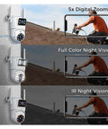 Kickass 6MP Dual Lens WiFi CCTV NVR Surveillance Camera Kit showing 5x digital zoom and night vision features on live feed.