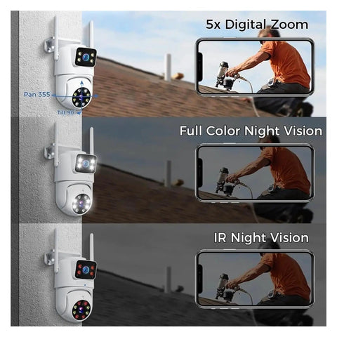 6Mp Dual Lens Wifi NVR Surveillance Camera Kit showing pan, tilt, and zoom features with night vision in use.
