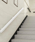 Top Shelf Pine Wood Indoor Guardrail In Crisp White With Non Slip Grip Heavy Duty Iron Supports Rounded Safety Edges And Kickass Setup For Houses Kindergartens Or Attics Built Like A Boss For Daily Hustle mounted on a staircase wall.