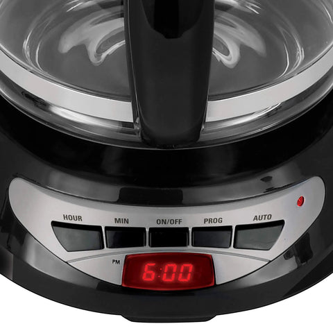 Close-up of control panel on Super Convenient Programmable 12 Cup Coffee Maker With Removable Glass Carafe, showing time display.