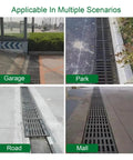 Rugged Cast Iron Drain Grate 60x60 Cm Outdoor Cover for Driveway and Garage, Heavy Duty Sewer Grate With Thickened Bars shown installed in various locations like garages, parks, roads, and malls.
