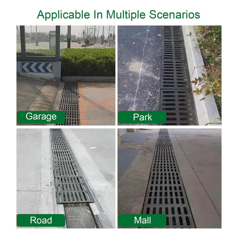 Rugged Cast Iron Drain Grate 60x60 Cm Outdoor Cover for Driveway and Garage, Heavy Duty Sewer Grate With Thickened Bars shown installed in various locations like garages, parks, roads, and malls.