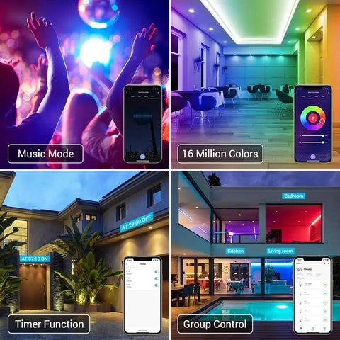 Features of Smart Retrofit LED Recessed 6 Inch Downlights with RGBCW color changing, Bluetooth Mesh, Alexa voice control in home settings.