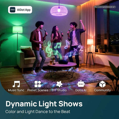 Matter Smart Light Bulbs Dual Band WiFi 6 2.4GHz And 5GHz, Lightning Fast Response, Compatible With Alexa Apple HomeKit Google Home And More, Easy Setup For Smarter Rooms And Cozy Ambience. App-controlled RGB bulb in living room