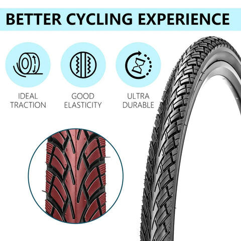 Close-up of tread pattern on Two Pack 700x35C Foldable Road Bike Tires With Inner Tubes, Repair Kit, Rim Strips And Tire Levers, black