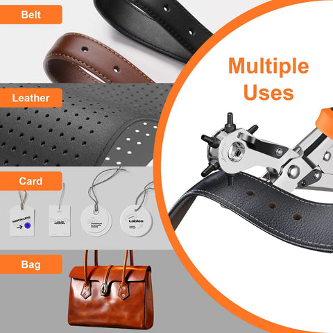Heavy Duty Revolving Punch Plier Kit With Five Replaceable Bases And Six Punch Heads for leather belts, bags, and cards