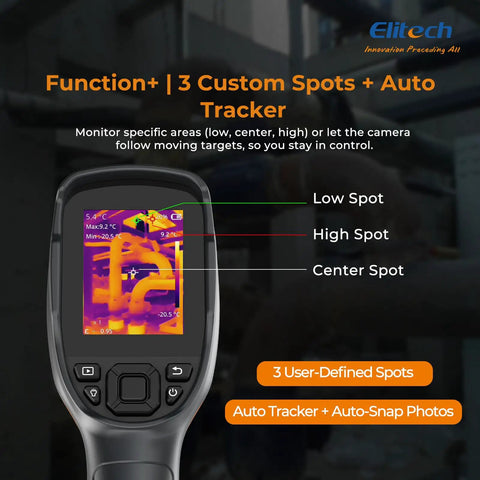 Pro Grade Thermal Imaging Camera With 256 By 192 IR Resolution Handheld Infrared Imager For Home Pros And HVAC Real Time Video 40mK Sensitivity 25 Hz Refresh Rate Thermal Leak Detector From Minus Four To 752 Degrees Fahrenheit displaying thermal image with function settings.