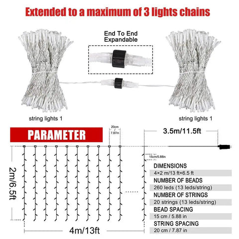 Curtain Icicle Lights 13ft By 6.5ft Warm White Low Voltage 30V With 20 Strings Of 13 LEDs Each 8 Modes Connectable