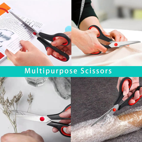 Two Pack 7.5 Inch All Purpose Scissors For Office And Home Use cutting paper, fabric, plants, and bubble wrap with soft grip handles.
