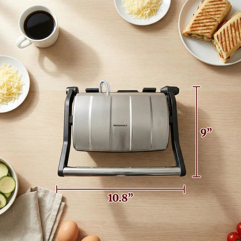 Elite Gourmet EPN-2976 2-in-1 Panini Press & Indoor Grill Made From Durable Stainless Steel, top view showing dimensions and design.