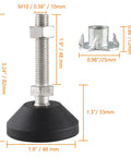 4 Pcs M10 Leveling Feet With T Nut No Slip Threaded Rubber Feet Adjustable Swivel Levelers, size and dimensions shown