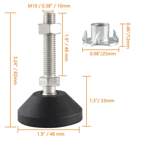 4 Pcs M10 Leveling Feet With T Nut No Slip Threaded Rubber Feet Adjustable Swivel Levelers, size and dimensions shown