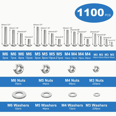 No Sweat 1100 Piece Metric Nuts And Bolts Assortment Kit Featuring M3 M4 M5 M6 Phillips Head Machine Screws Hex Nuts And Flat Washers.