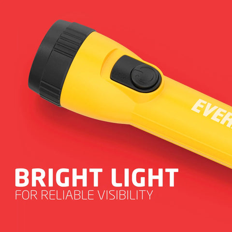Yellow flashlight with black button, part of Eight Pack LED Flashlights With Batteries Included Long Runtime Up To 30 Hours Handheld Emergency Lights.
