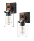 Top Tier Industrial Farmhouse Wall Sconces Set Of Two With Rustic Wood Grain Black Matte Finish And Clear Glass Shades, side view showcasing light design.