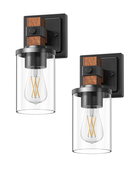 Top Tier Industrial Farmhouse Wall Sconces Set Of Two With Rustic Wood Grain Black Matte Finish And Clear Glass Shades, side view showcasing light design.