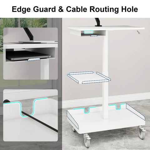 Heavy Duty White Rolling Mobile Workstation Cart With Smooth Gas Spring Height Adjustment For Sit Stand Daily Grind showcasing edge guard and cable routing features.