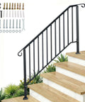 Built Like A Tank Black Wrought Iron Outdoor Stair Handrail Adjustable For Four Or Five Steps With Full Hardware Kit For Easy Porch Deck Concrete Install with detailed bracket installation.