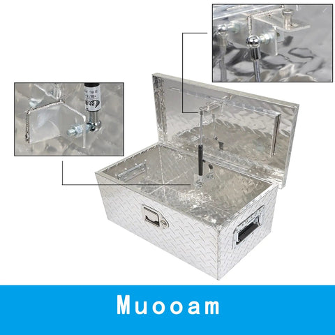 Badass Heavy Duty Twenty Inch Aluminum Diamond Plate Tool Box With Rock Solid Sealed Locks And Grippy Side Handles For Pickup Truck Bed Storage interior view showing locks and hinges
