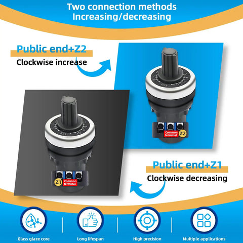 4 Pack 5K Rotary Potentiometers For Inverter Motor Speed Control And VFD Tuning, Smooth Adjustable Resistance Dial For Fast, Precise Speed Regulation In Industrial Machines. Wiring diagram for 5K rotary potentiometer, Z1/Z2 terminals, clockwise increase/decrease