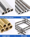 Collage of metal materials: stainless steel square tubes, round steel bars, copper tubes, and iron rebar