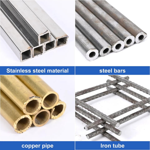 Collage of metal materials: stainless steel square tubes, round steel bars, copper tubes, and iron rebar