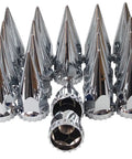 Beefed-Up Chrome ABS Front Hub Caps Kit For Semi Trucks, 2 Front Spiked Axle Covers And 20 Thread-On Spiked Nut Covers, shiny chrome spikes