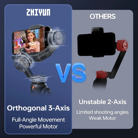 Comparison of Smooth 5S AI Combo 3 Axis Gimbal Stabilizer with AI tracker and fill light against a 2-axis gimbal.