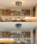 Two Light Industrial Farmhouse Ceiling Light With Dope Black Metal Cage UL Certified Rustic Vintage Finish Flush Mount Ceiling Fixture For Living Room Kitchen Hallway And Bedroom shown turned on and off in a kitchen setting.