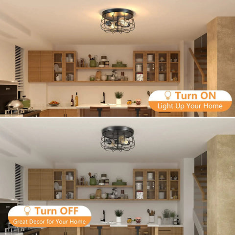 Two Light Industrial Farmhouse Ceiling Light With Dope Black Metal Cage UL Certified Rustic Vintage Finish Flush Mount Ceiling Fixture For Living Room Kitchen Hallway And Bedroom shown turned on and off in a kitchen setting.