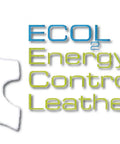 Graphic of a blue footprint and leather outline with text 'ECO² Energy Controlled Leather' in blue and green.