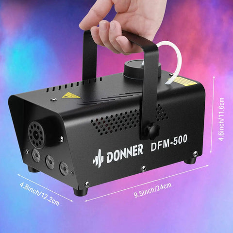 Fog Machine With RGB LED Light and 13 Color Modes, 500W 2000CFM Haze Machine, ideal for events, side view with dimensions
