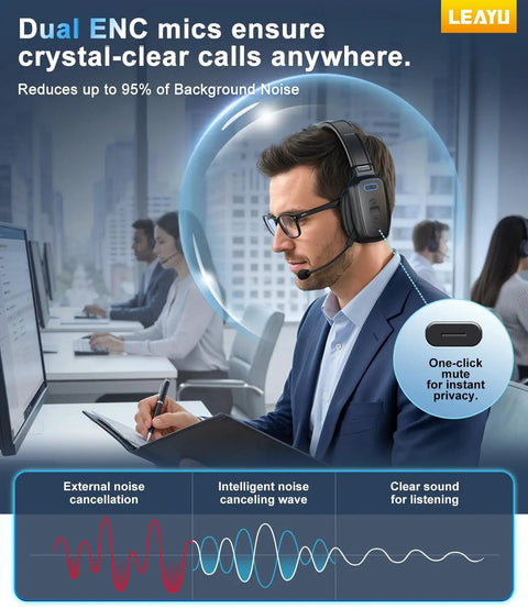 Man wearing 60 Hour AI Noise Canceling Bluetooth Wireless Headset With Mic For Trucks And Office Use, Single Ear Trucker Style