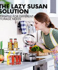 Woman using Two Tier Lazy Susan Turntable Organizer for Cabinets and Pantry Rotating Spice and Condiment Organizer on kitchen counter