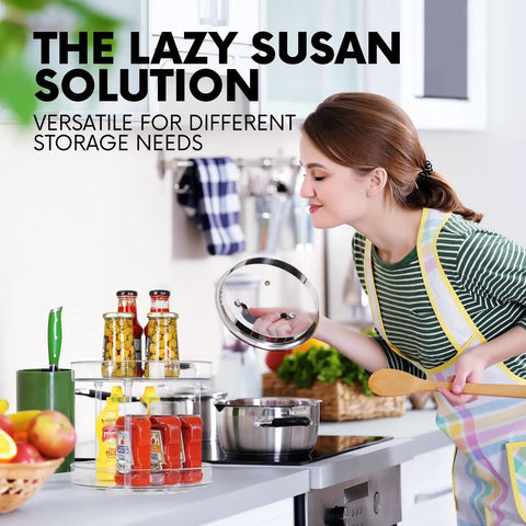 Woman using Two Tier Lazy Susan Turntable Organizer for Cabinets and Pantry Rotating Spice and Condiment Organizer on kitchen counter