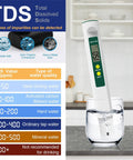 Digital pH and TDS Meter Combo With High Accuracy 0.01 pH Resolution Backlit Display testing water in a glass in kitchen setting