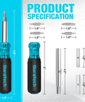 Product specifications of 11 In 1 Multi Bit Screwdriver And Nut Driver Kit With S2 Steel Bits showing dimensions and components