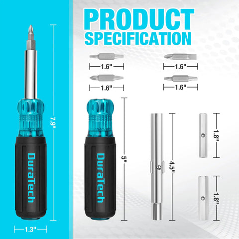 Product specifications of 11 In 1 Multi Bit Screwdriver And Nut Driver Kit With S2 Steel Bits showing dimensions and components
