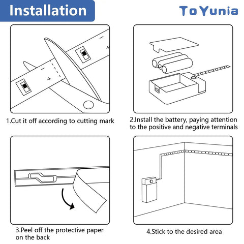 Installation guide for Battery Powered LED Strip Lights 3.28 Feet Two Pack For Under Cabinet Kitchen Lighting Warm White 3000K
