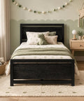 Stylish Twin Bed Frame With Rustic Wood Headboard, Heavy Duty Metal Platform Base in a cozy bedroom setting.