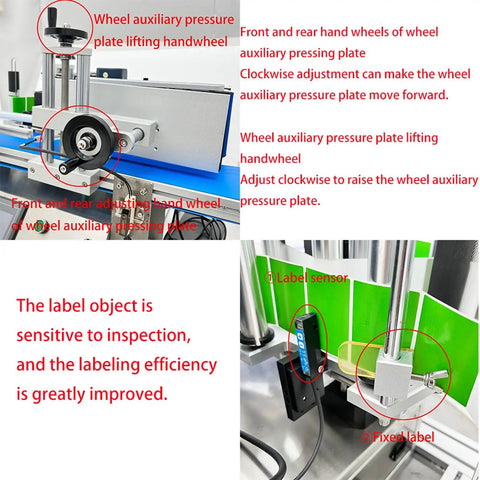 Smooth Operator High Speed Automatic Round Bottle Labeling Machine Desktop Conveyor Label Applicator For Wine Cans Cosmetics 110V components including wheel hand wheels and label sensor.
