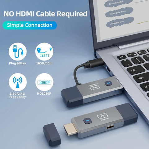 Wireless HDMI Transmitter And Receiver With 165ft Range For 4K Input And 1080P Output Plug And Play Portable 2.4G And 5.8G next to laptop