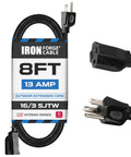 Black Outdoor Extension Cord 8 Ft Waterproof 16 Gauge 3 Wire SJTW Heavy Duty 13 Amp 3 Prong For Home And Garden Weather Resistant Cable