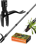 Stand Up Weed Puller Tool With 45 Inch Steel Handle And Four Claw Head For Upright Weeding No Bending Or Kneeling All Steel Construction Garden Maintenance, black tool.