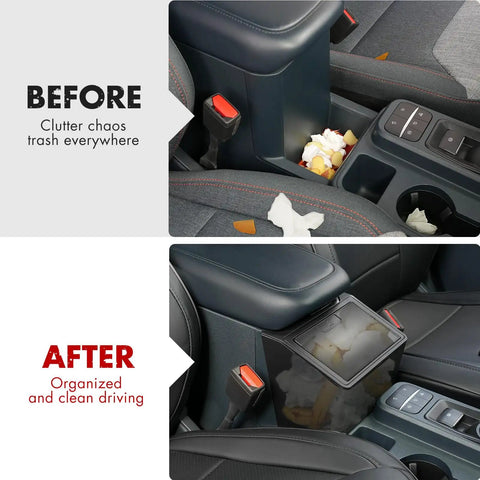 Before and after view of Ford Maverick Lidded Console Organizer With Seal Lid No Tools Needed Heavy Duty Front Seat Armrest Trash Can