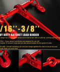 Heavy Duty Ratchet Chain Binder And Five Sixteenths To Three Eighths Inch Transport Chain Kit With Grappling Hook shown in red